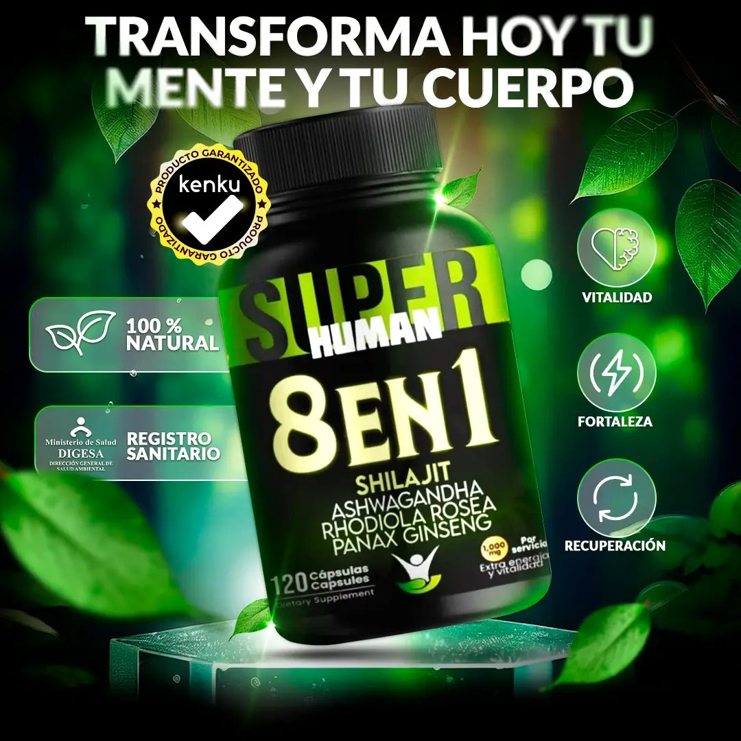 8 en 1 Cápsulas - Shilajit Ashwagandha Rhodiola Rosea Panax y Ginseng SuperHuman™ PG